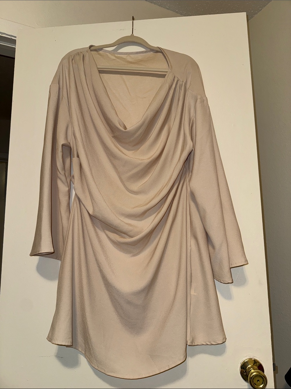 SHEIN Draped Long-Sleeve Dress in Light Beige